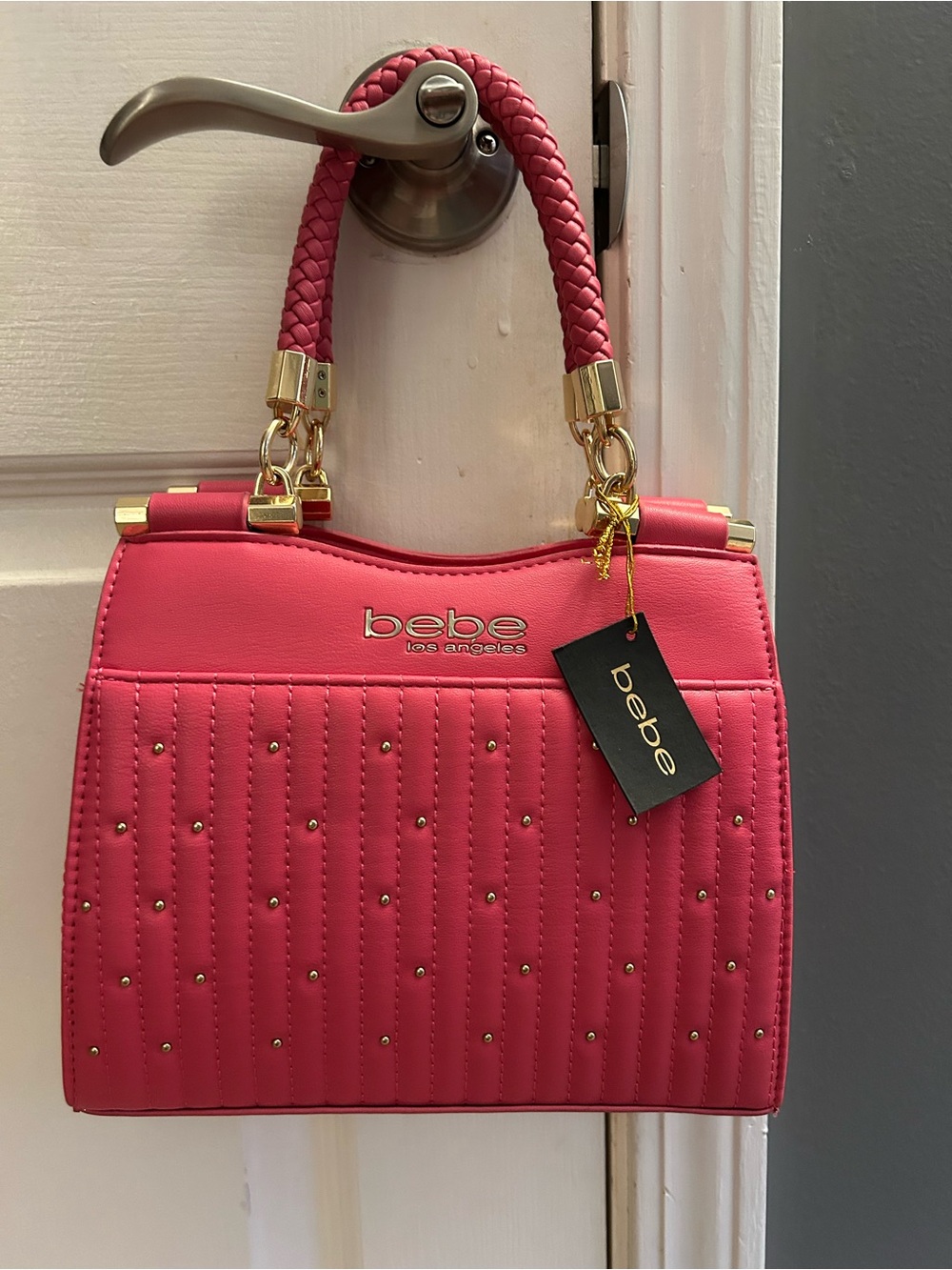 bebe Hot Pink Quilted Top-Handle Satchel with Gold Hardware